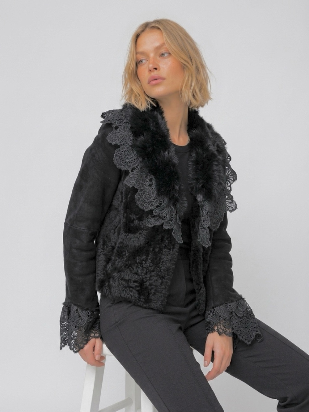 ARTICO SEMI SHEERED DRESSY SHEARLING JACKET W/LACE LEATHER TRIMBLACK IT44/8-10US
